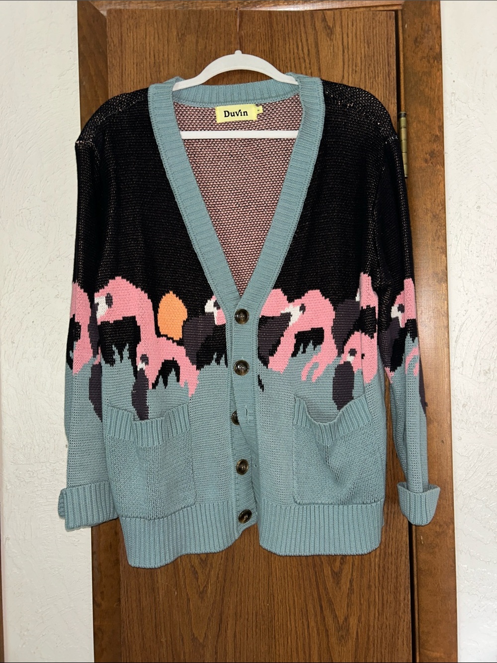 Duvin Men's Black & Blue Flamingo Cardigan Sweater